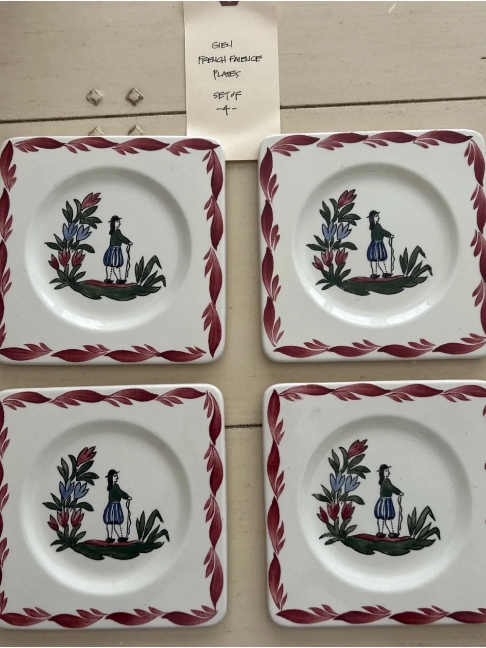 GIEN - Set Of 4 French Quimper Cocktail and Cheese Plates  5 1/2”- Never Ussd